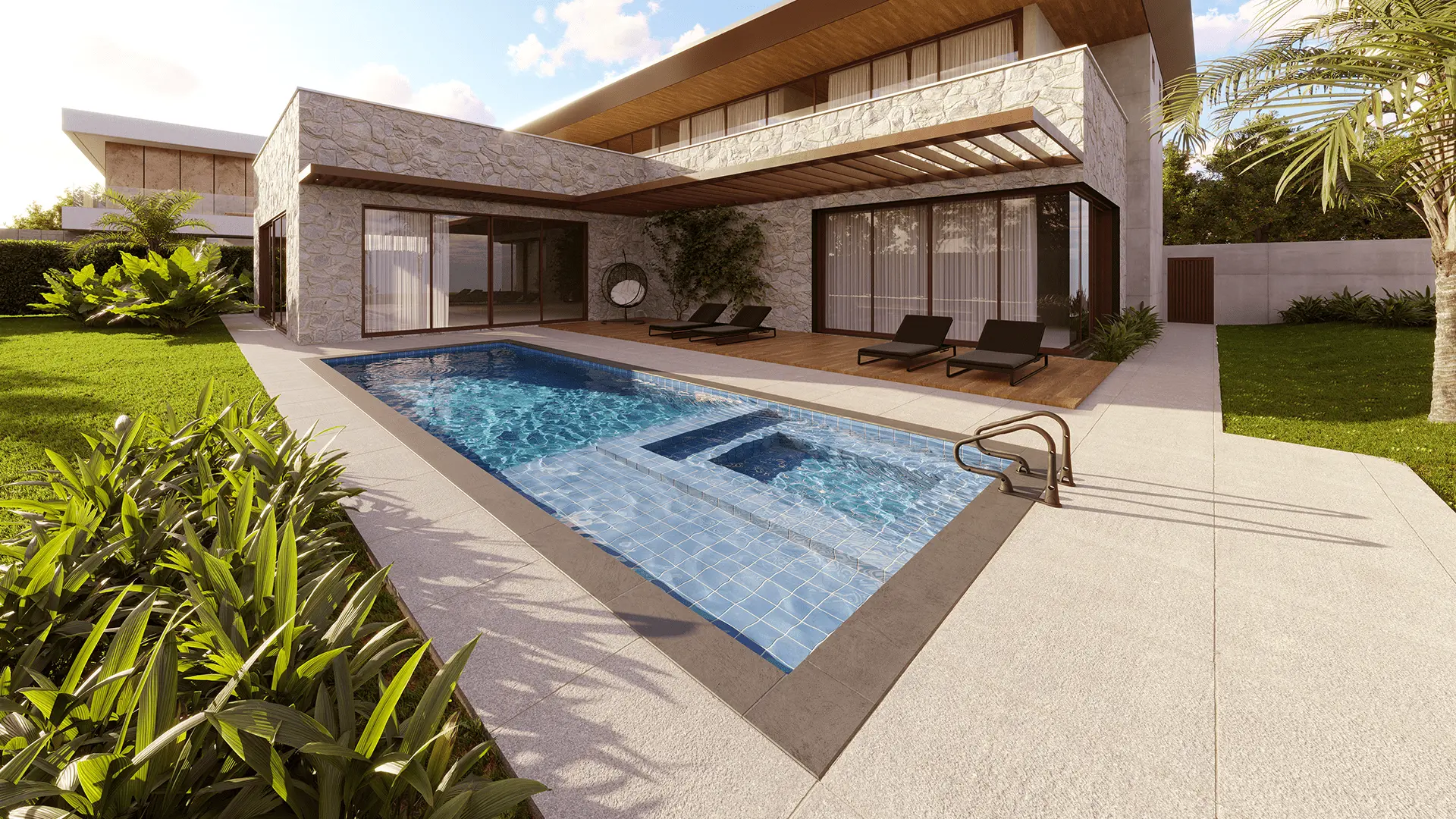 Castelli tiled pool with built-in spa and tanning ledge